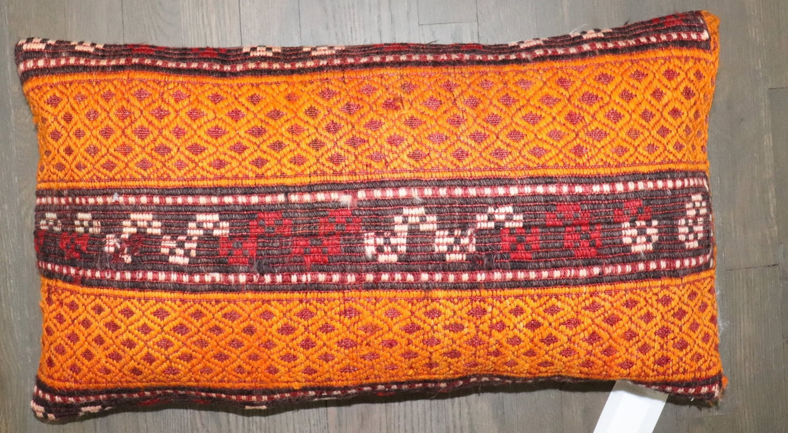 Turkish Jajim Kilim Pillow 1' 2" x 2' 1": Turkish Jajim Kilim Pillow 1' 2" x 2' 1" Large pillow made from a mid-20th century Turkish Jajim in an orange colorway. This pre-owned decorative pillow is categorized as a kilim pillow. Specification