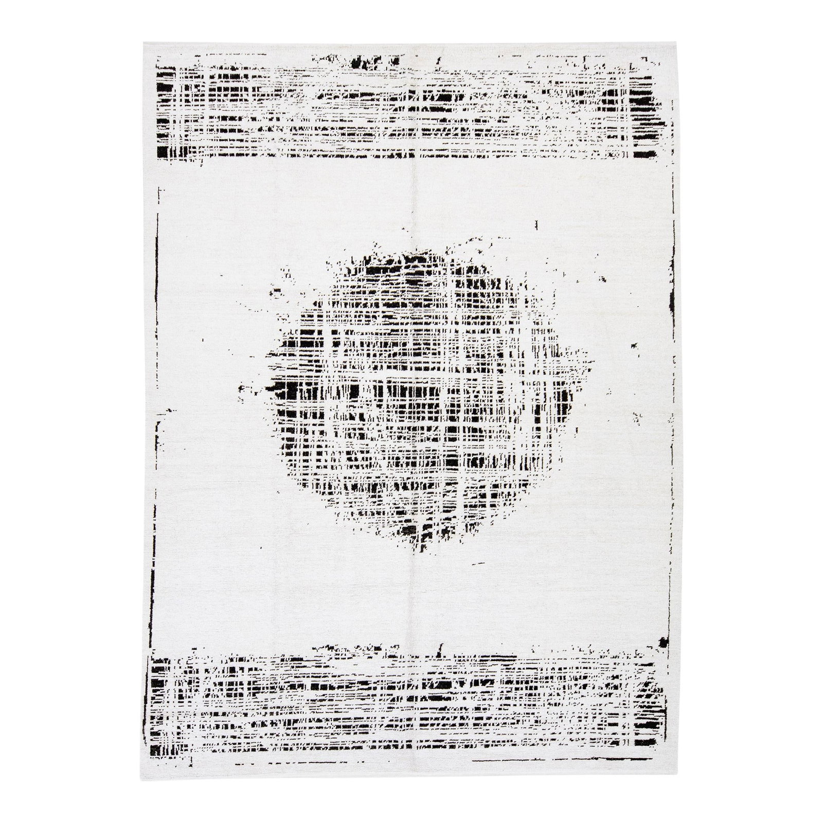 Modern Hand-Knotted Moroccan Wool Rug 8'11 x 12'2 Abstract Design: Modern Hand-Knotted Moroccan Wool Rug 8'11 x 12'2 Abstract Design Elevate your space with this striking modern Moroccan-style rug, meticulously hand-knotted from soft wool. Featuring a clean white fie