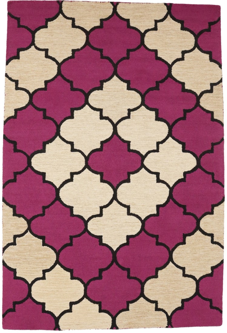 5'0 x 8'0 Hand-Tufted Wool Area Rug Fuchsia Trellis Modern: 5'0 x 8'0 Hand-Tufted Wool Area Rug Fuchsia Trellis Modern Contemporary hand-tufted area rug featuring a fuchsia trellis pattern in a multicolored modern design. This pre-owned rectangular rug is hand