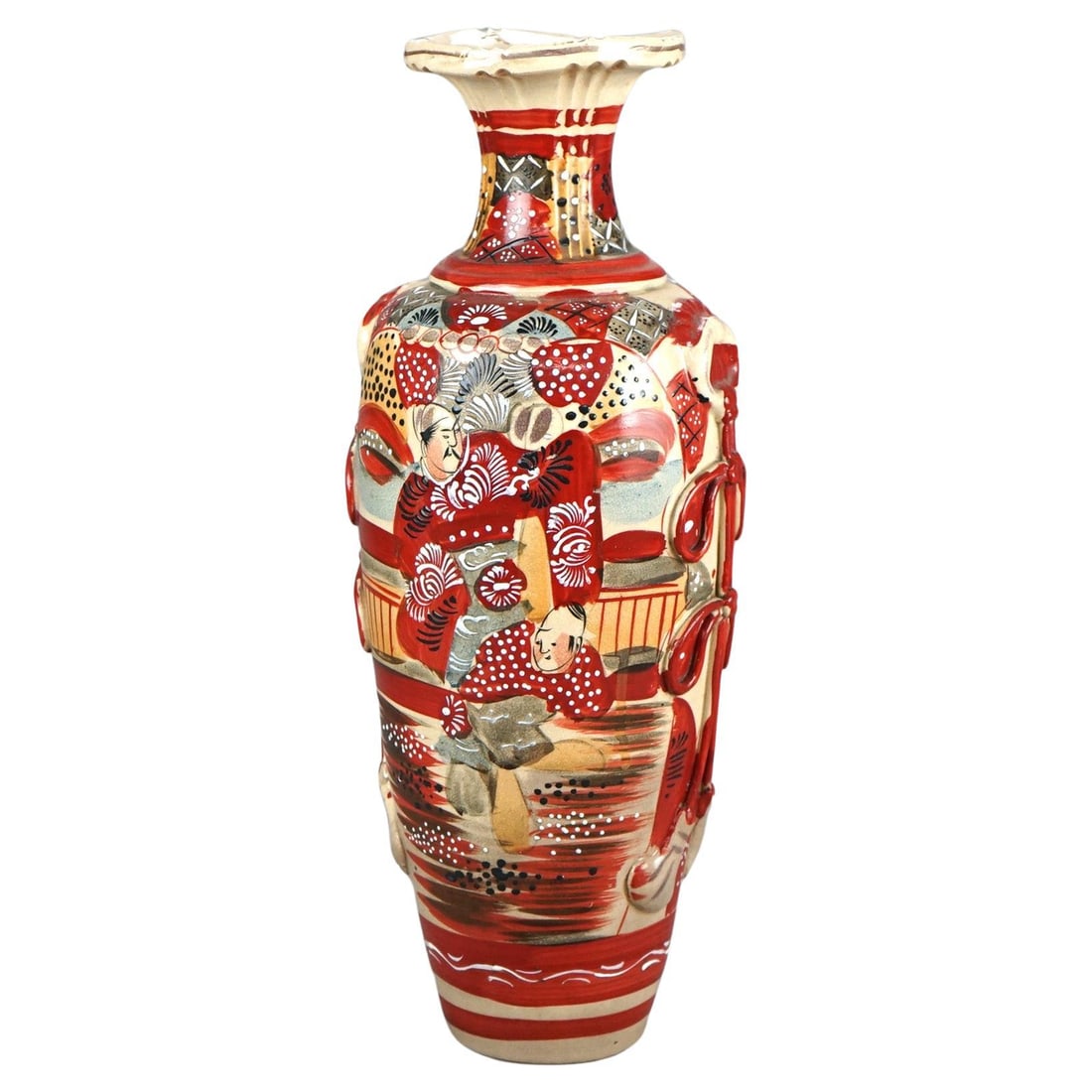 Early 20th Century Japanese Satsuma Vase with Figures C1920: Early 20th Century Japanese Satsuma Vase with Figures C1920 Discover a stunning antique Japanese Satsuma pottery vase from circa 1920. This exquisite piece stands at 18 inches tall and features a widt