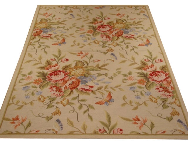 Elegant 4' x 6' Beige Handwoven Aubusson Area Rug: Elegant 4' x 6' Beige Handwoven Aubusson Area Rug Free continental US Shipping Indulge in the timeless elegance of this 4' x 6' Beige French Aubusson Rug, a masterpiece of traditional craftsmanship an