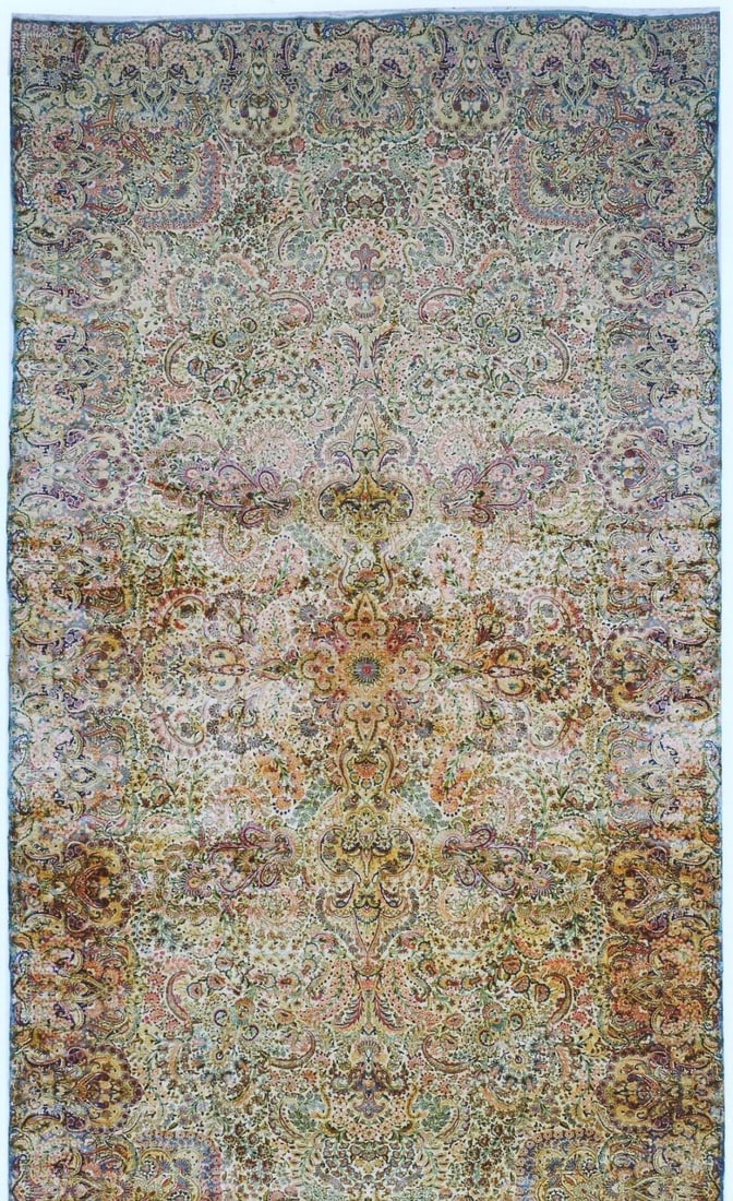 11' 8" x 21' 8" Antique Kerman Rug Floral Manchester Wool: 11' 8" x 21' 8" Antique Kerman Rug Floral Manchester Wool Early 20th century Kerman rug featuring a floral all-over design in Manchester wool. This oversize antique rug is offered in pre-owned conditi