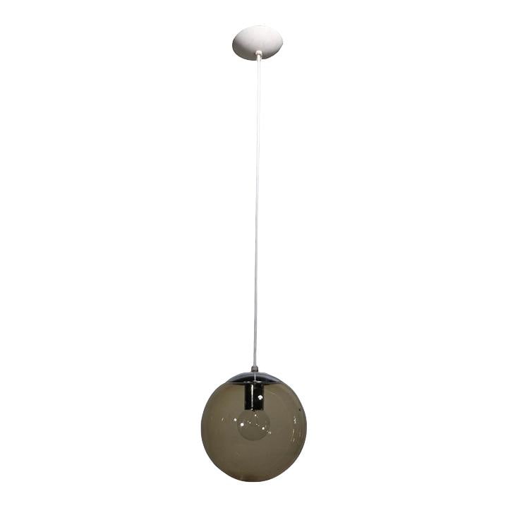 Smoked Glass Globe Pendant Chandelier With Chrome Accents 1970s: Smoked Glass Globe Pendant Chandelier With Chrome Accents 1970s This chic smoked, tinted glass ball chandelier features chrome fitments and is suspended from a rubberized white cord. The ball shade ha
