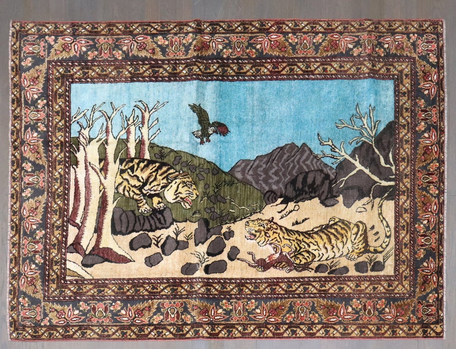 3' 8" x 5' 2" Afghan Silk and Cotton Pictorial Rug with 2 Cheetahs: 3' 8" x 5' 2" Afghan Silk and Cotton Pictorial Rug with 2 Cheetahs Late 20th century Afghan pictorial rug featuring two cheetahs in a fighting scene. This one-of-a-kind rug is woven in silk and cotton