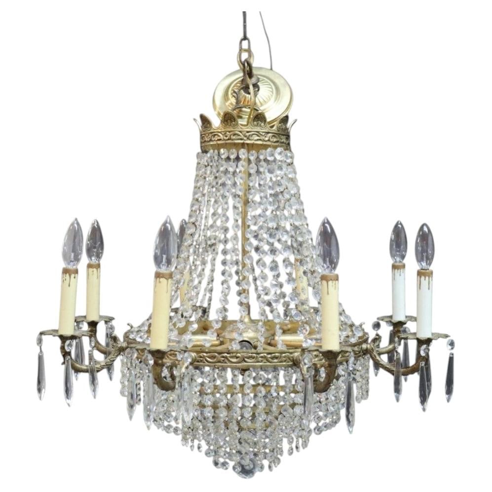 8 Light Gilt Bronze Crystal Basket Chandelier in French Empire Style (1 of 11)