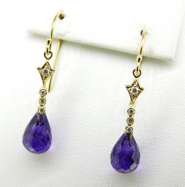 Pair of 14k Yellow Gold Briolette Amethyst and Diamond Dangle Earrings: Pair of 14k Yellow Gold Briolette Amethyst and Diamond Dangle Earrings These elegant dangle drop earrings are crafted from 14k yellow gold and feature genuine briolette-cut amethyst gemstones, each me