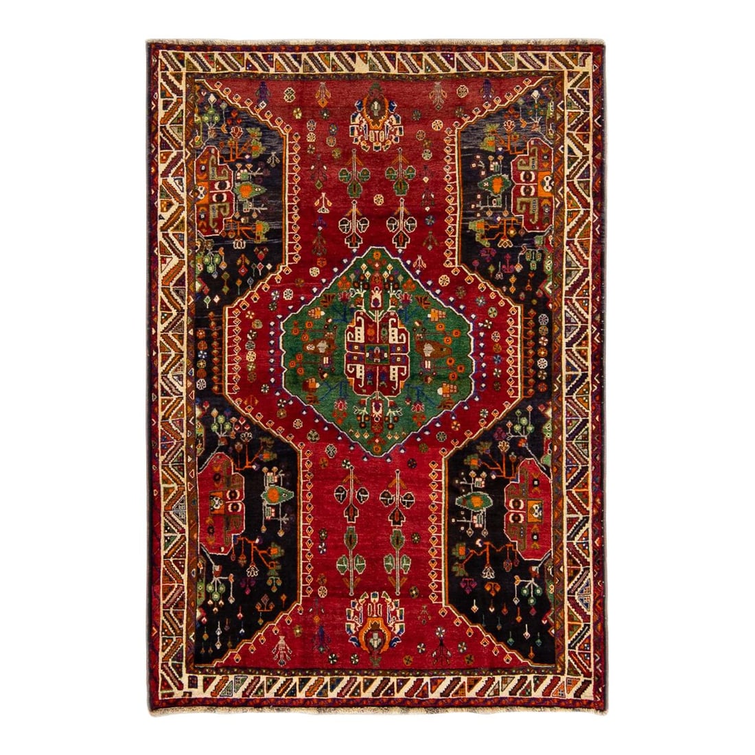 Antique Persian Shiraz Handmade Wool Rug Geometric Design Red Green 5'2 x 7'8: Antique Persian Shiraz Handmade Wool Rug Geometric Design Red Green 5'2 x 7'8 Discover the exquisite charm of this Antique Persian Shiraz handmade wool rug. Featuring a striking all-over design in ric