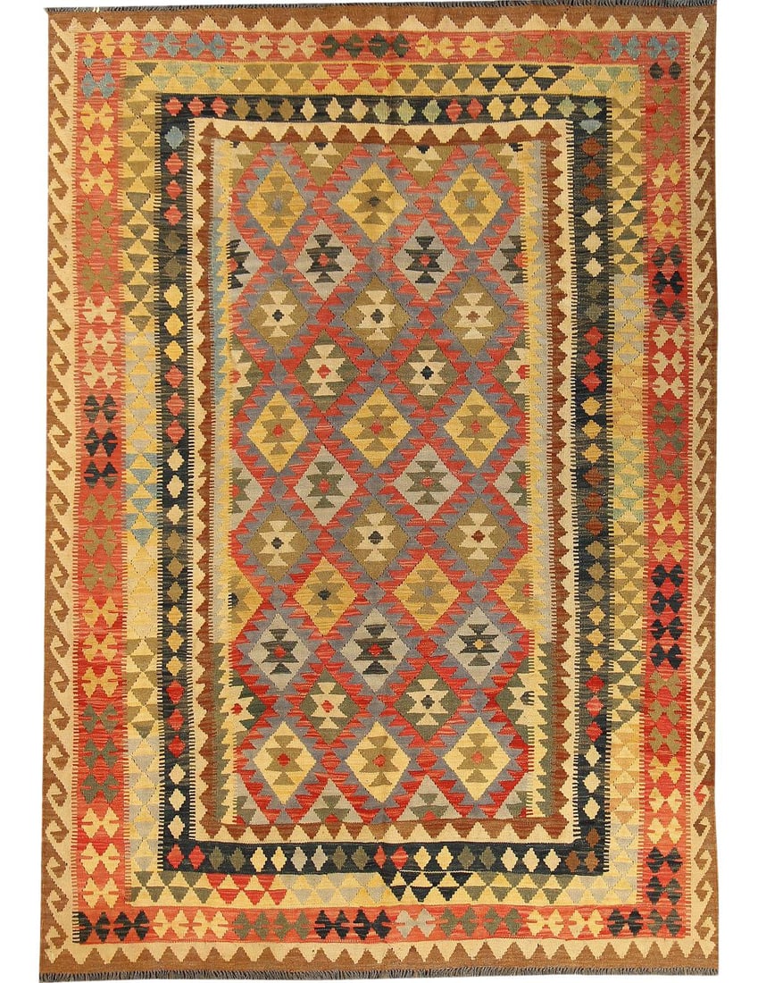 Contemporary Kilim Wool Rug 6'8" x 9'7" Multicolor Geometric Design: Contemporary Kilim Wool Rug 6'8" x 9'7" Multicolor Geometric Design This stunning 21st Century Modern Kilim Rug features a beautiful contemporary design, hand-knotted from high-quality wool. It showca
