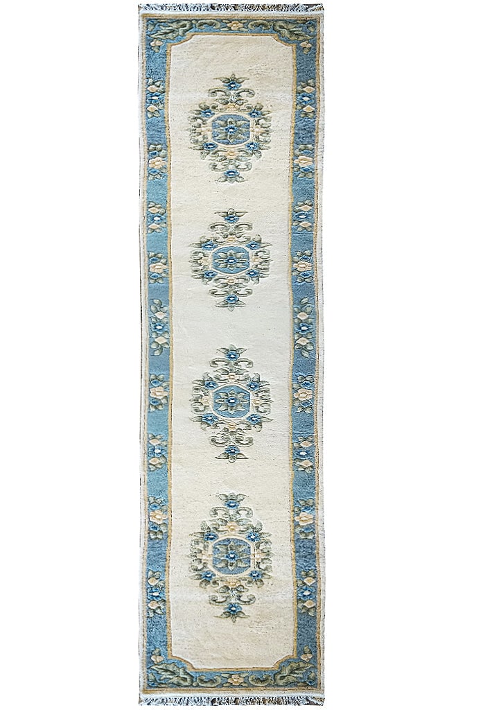 13' Hand-Knotted Wool Runner Rug Ivory Teal Green: 13' Hand-Knotted Wool Runner Rug Ivory Teal Green Free continental US Shipping Introducing an exquisite 13-foot hand-knotted wool runner rug, a true testament to traditional craftsmanship and enduring