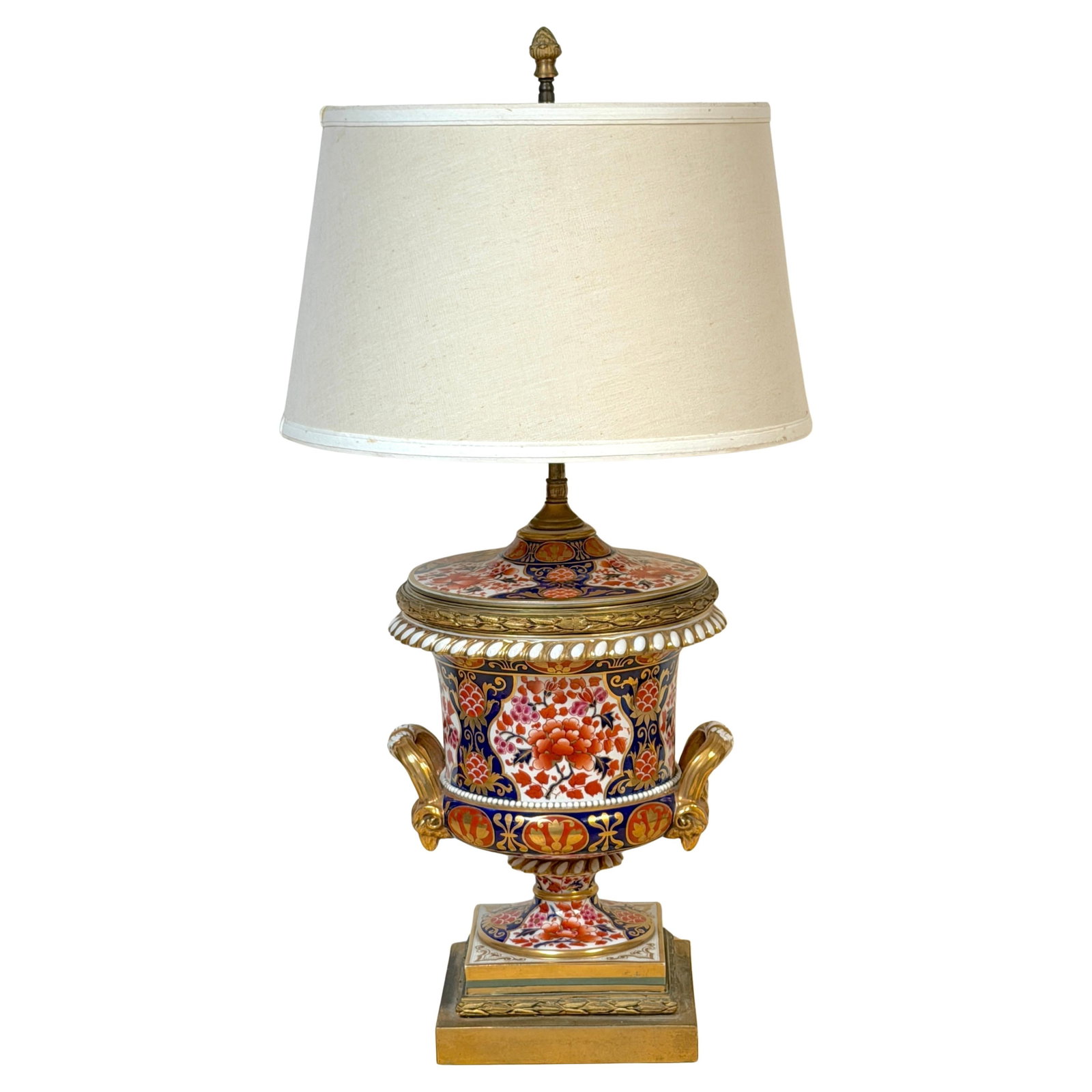 Regency Old Imari Style Derby Porcelain Vase Electrified as Table Lamp: Regency Old Imari Style Derby Porcelain Vase Electrified as Table Lamp This early 19th-century Derby Porcelain urn, crafted in England during the Regency period, has been converted into a lamp while p