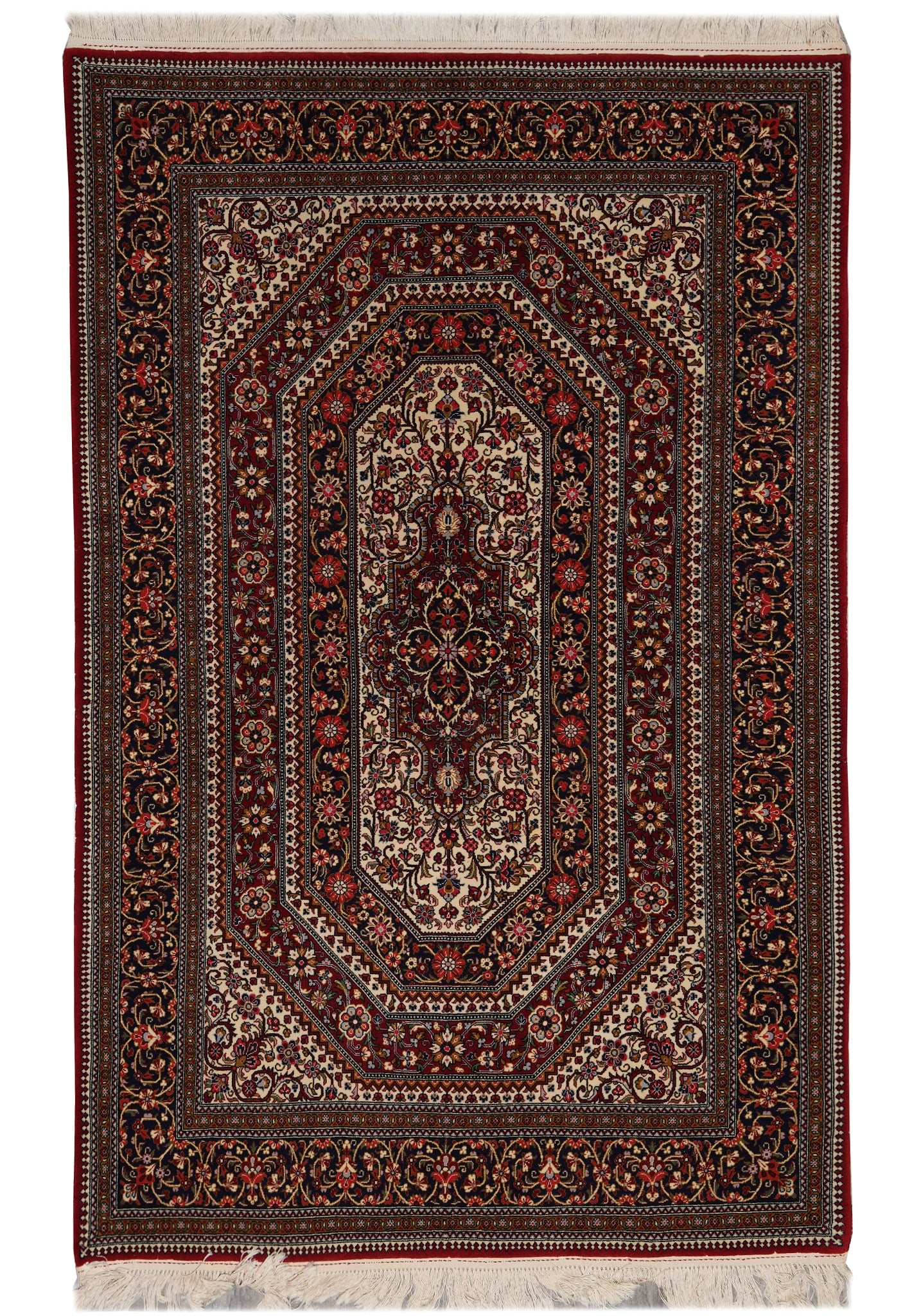 Handmade Persian Qom Rug 4.7 x 7 Wool and Silk: Handmade Persian Qom Rug 4.7 x 7 Wool and Silk Free continental US Shipping This is a new handmade Qom rug from Iran, presented as an authentic Persian piece with a fine hand-knotted construction. It 