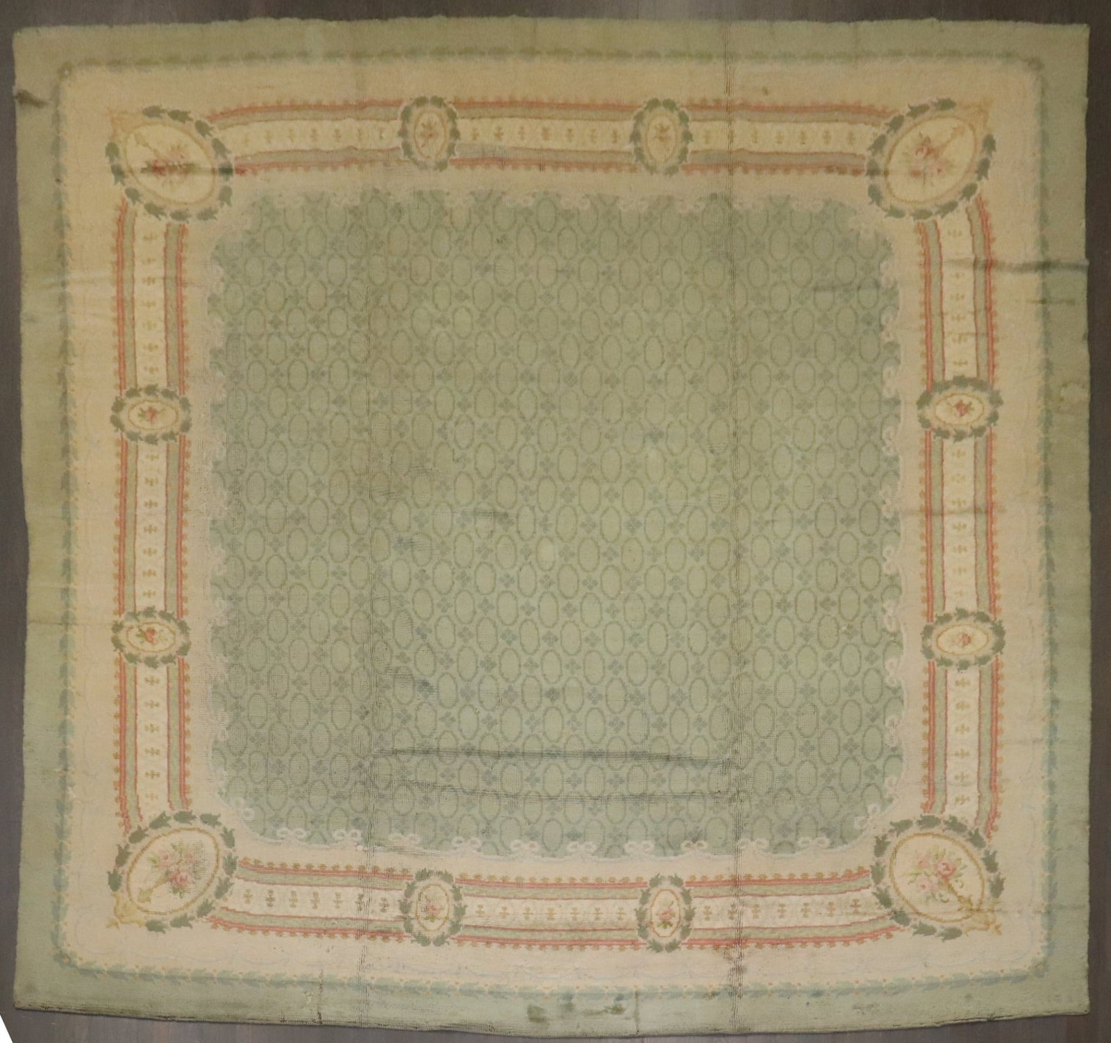 11' 9" x 11' 11" Square Irish Donegal Room Rug Mint Green: 11' 9" x 11' 11" Square Irish Donegal Room Rug Mint Green Early 20th century Irish Donegal rug in a square room-size format with a mint green colorway. This pre-owned piece is identified as a Donegal 