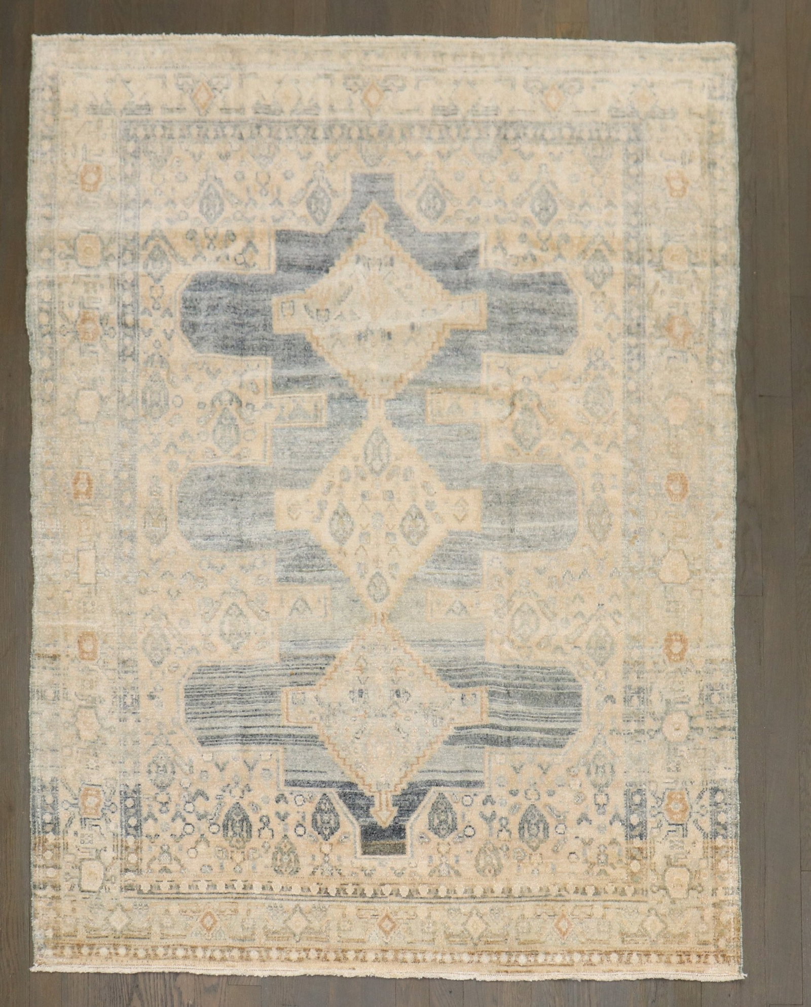 4' x 5' 4" Persian Senneh Rug in Powder Blue and Khaki: 4' x 5' 4" Persian Senneh Rug in Powder Blue and Khaki Early 20th-century Persian Senneh rug in powder blue and khaki tones. This pre-owned small square rug offers a classic design and color palette c
