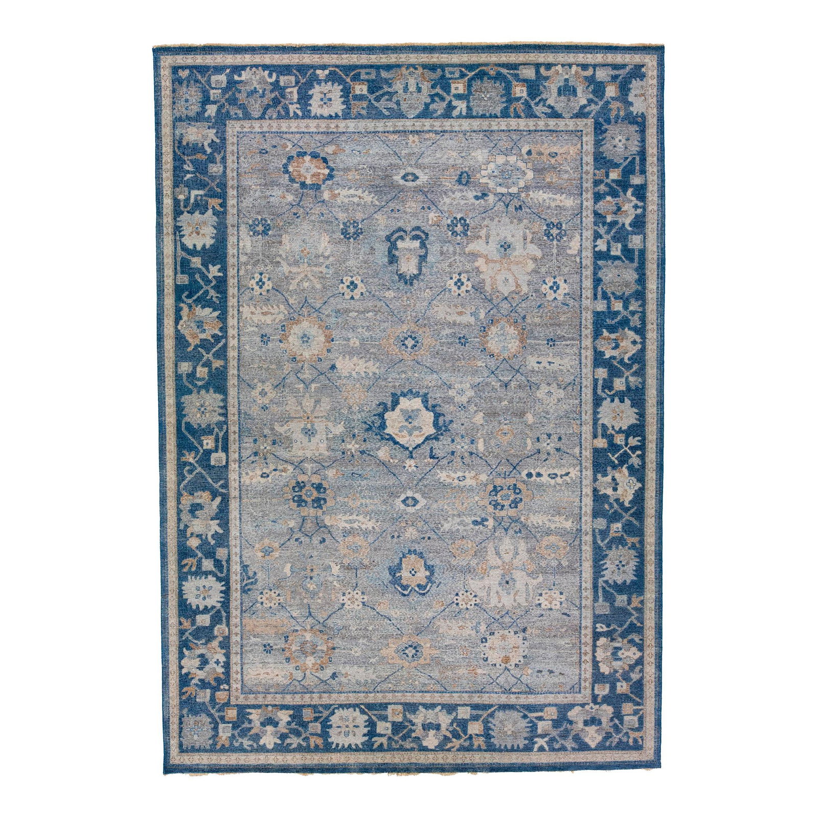 Artisan Handmade Floral Gray Blue Wool Rug 10'2 x 14'3: Artisan Handmade Floral Gray Blue Wool Rug 10'2 x 14'3 Transform your living space with this exquisite handmade floral rug from the Artisan Collection. Featuring a stunning all-over floral design set 