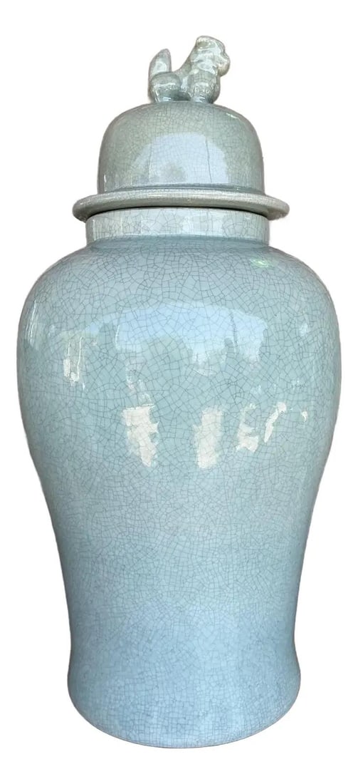 Monumental Vintage Asian Celadon Ginger Jar with Lion Finial 32.75": Monumental Vintage Asian Celadon Ginger Jar with Lion Finial 32.75" Enhance your space with this monumental vintage Asian crackle celadon ginger jar, featuring a striking guardian lion finial. The exq