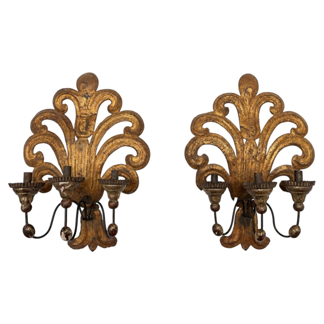 Italian Baroque Revival Giltwood Tole Wall Sconce Pair (1 of 10)