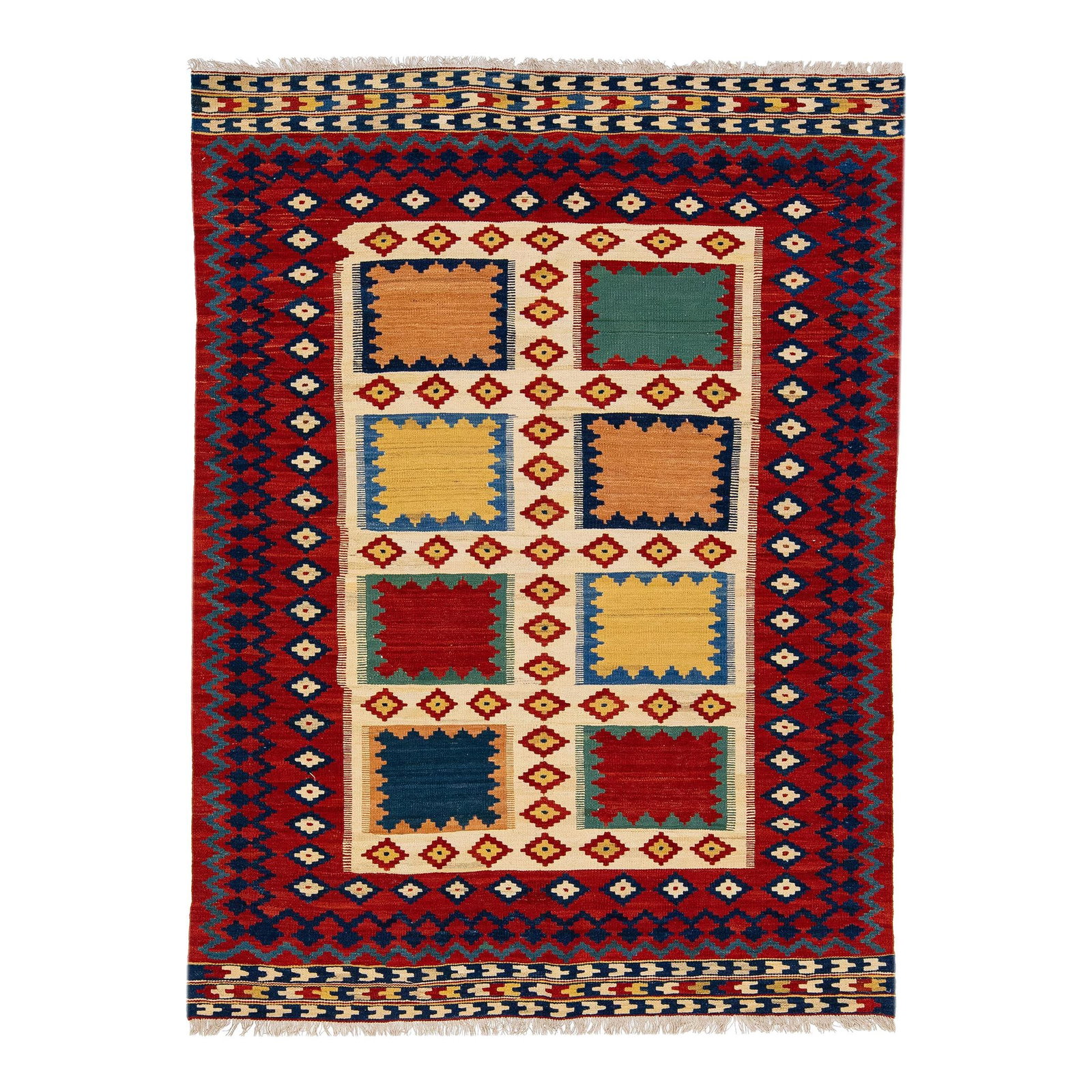 Handmade Modern Kilim Red Geometric Wool Rug 5'1" x 6'10": Handmade Modern Kilim Red Geometric Wool Rug 5'1" x 6'10" Enhance your living space with this stunning Modern Kilim handmade wool rug. Featuring a vibrant red field adorned with multicolor accents in 