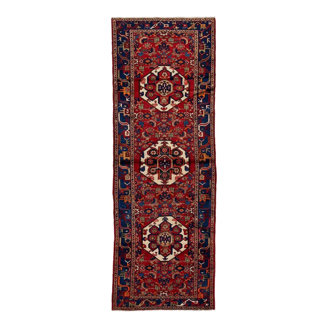 1960s Vintage Red Persian Heriz Wool Runner 3'4 x 9'5 Allover Design: 1960s Vintage Red Persian Heriz Wool Runner 3'4 x 9'5 Allover Design This stunning 1960s Vintage Red Persian Heriz Wool Runner exemplifies the rich heritage of Persian craftsmanship. Crafted from high