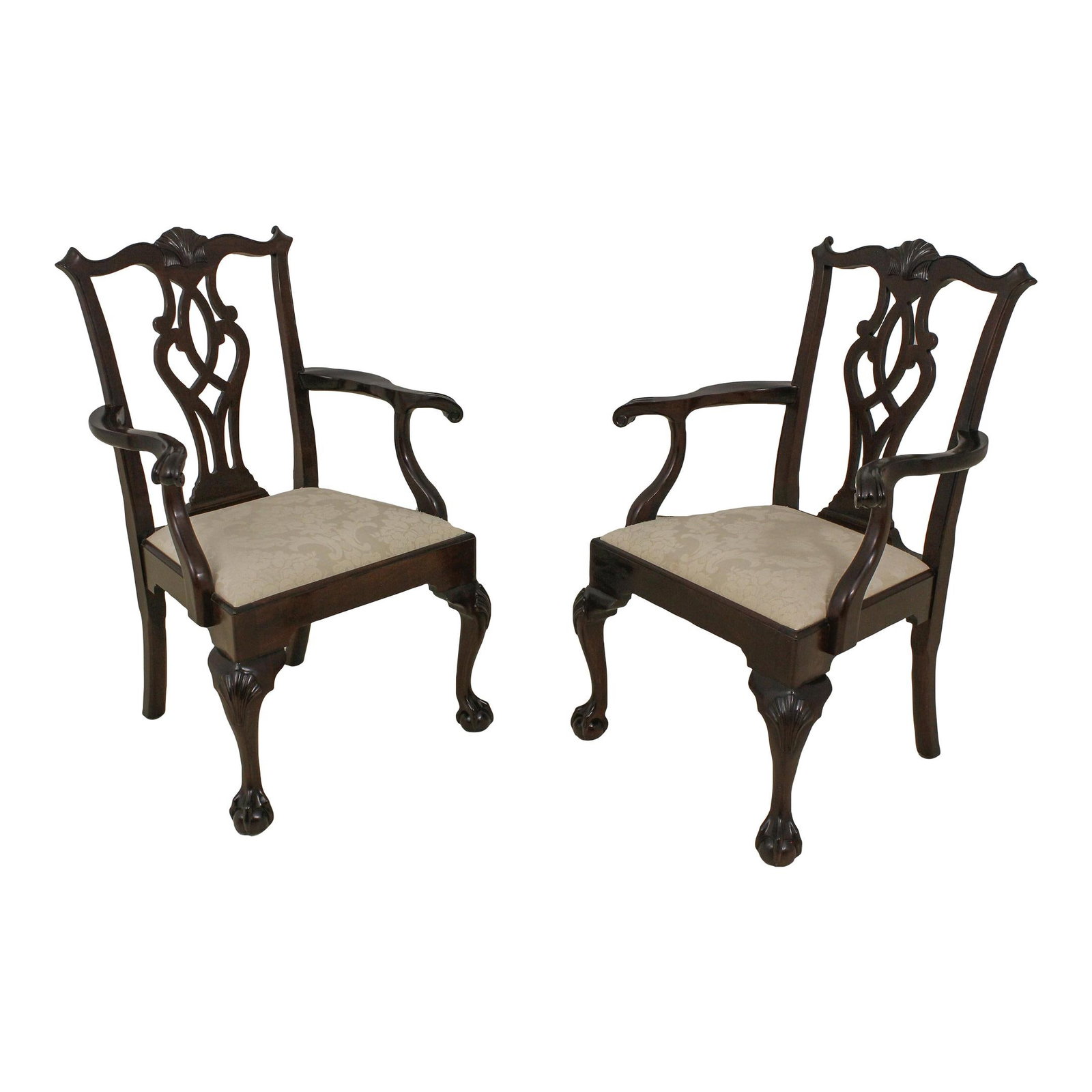Stickley Chippendale Pair of Mahogany Armchairs with Ball and Claw Feet: Stickley Chippendale Pair of Mahogany Armchairs with Ball and Claw Feet This exquisite pair of Stickley Chippendale armchairs is a stunning addition to any dining room. Crafted from solid mahogany, th