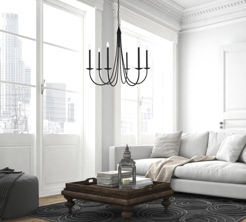 Living District LD810D36BK 36 in Black 6 Light Chandelier: Living District LD810D36BK 36 in Black 6 Light Chandelier Black 6-light chandelier ceiling fixture with a rustic farmhouse look and a metal frame in the style of wrought iron. Designed for indoor use,