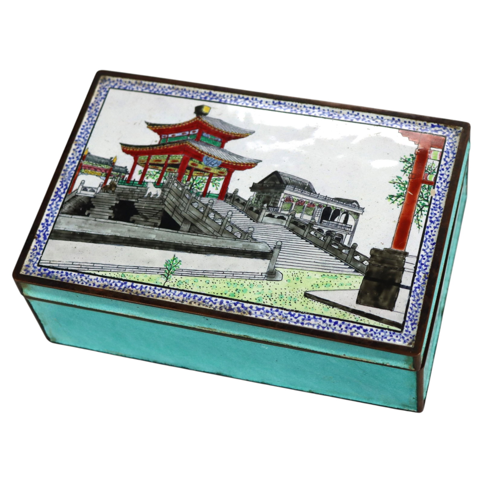 Early 20th Century Chinese Cloisonne Enamel Scenic Jewelry Box c1930 (1 of 8)