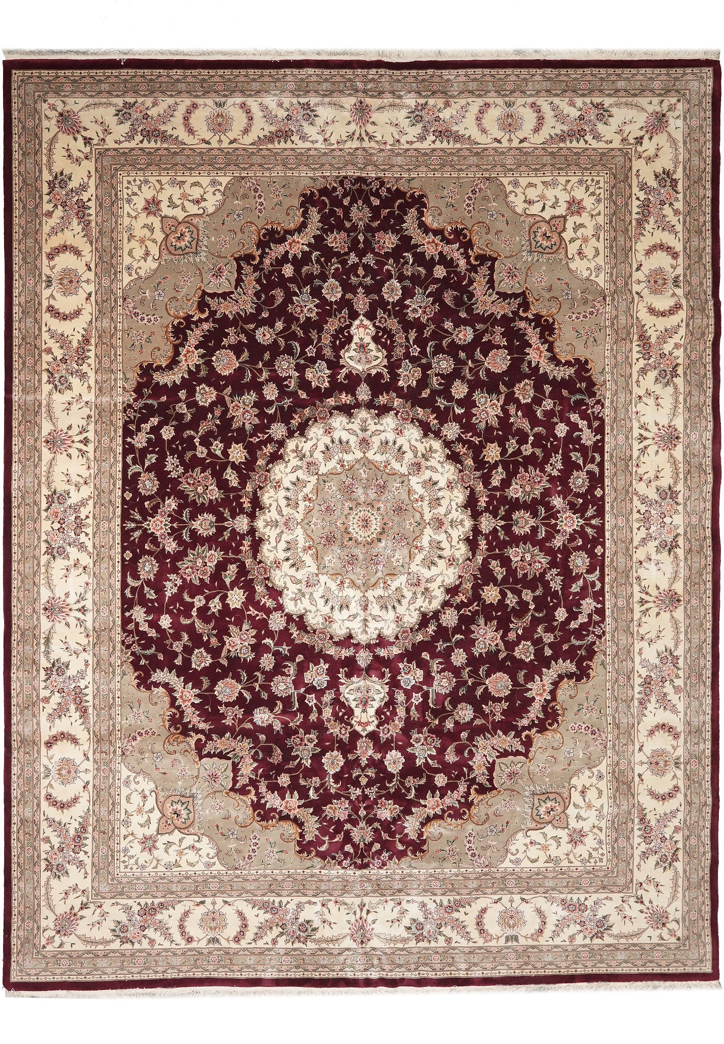 Handmade Wool and Silk Tabriz Rug 12 x 15 Burgundy Ivory Green Pink: Handmade Wool and Silk Tabriz Rug 12 x 15 Burgundy Ivory Green Pink Free continental US Shipping This high-quality handmade area rug features a striking Heriz Serapi design, characterized by large-sca