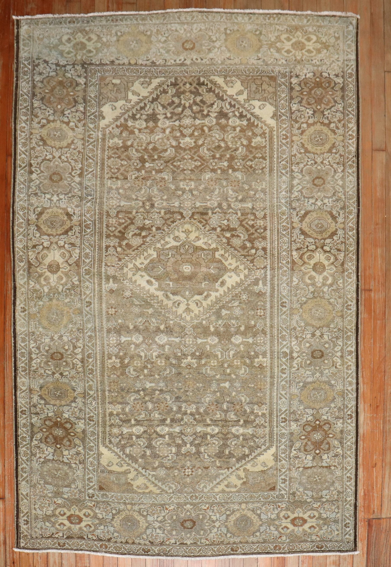 4' 8" x 6' 10" Persian Hamadan Accent Rug Brown Tone: 4' 8" x 6' 10" Persian Hamadan Accent Rug Brown Tone Mid 20th century Persian Hamedan accent rug in a brown tone. This pre-owned rug offers a classic Hamadan design in an accent size suitable for a va