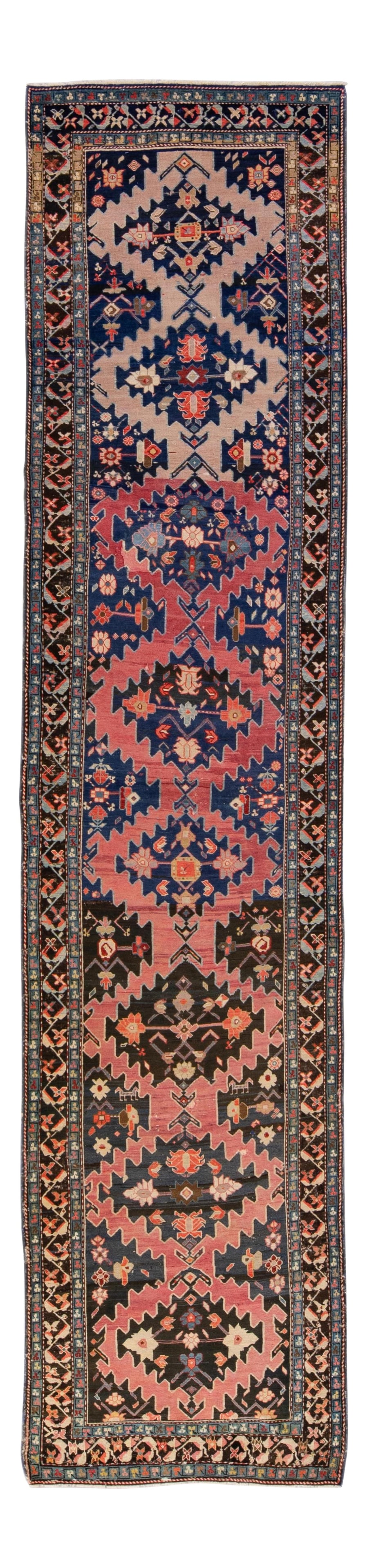 Antique Russian Karabagh Multicolor Wool Runner 3'9 x 17'4: Antique Russian Karabagh Multicolor Wool Runner 3'9 x 17'4 This exquisite Russian Karabagh handmade wool runner features a striking blue field adorned with vibrant multicolor accents reflecting a rich