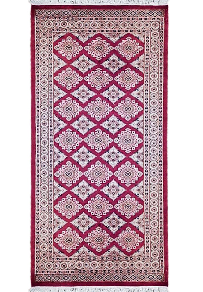 Hand-Knotted 3'2" x 5'5" Red Jaldar Bokhara Area Rug: Hand-Knotted 3'2" x 5'5" Red Jaldar Bokhara Area Rug Free continental US Shipping Enhance your space with this exquisite hand-knotted Red Jaldar Bokhara Area Rug, measuring 3' 2" x 5' 5". Crafted with