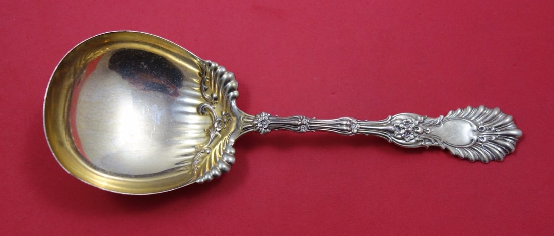 Whiting Radiant Sterling Silver Berry Spoon Gold Washed 8.5": Whiting Radiant Sterling Silver Berry Spoon Gold Washed 8.5" This stunning berry spoon from the Radiant pattern by Whiting showcases exquisite craftsmanship and elegance. Made from genuine sterling si