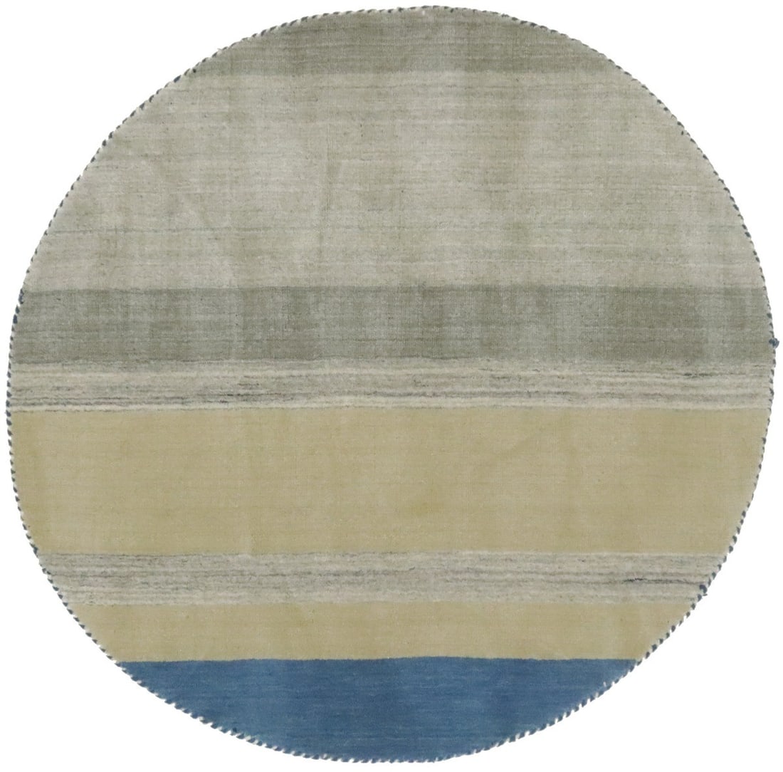 Multicolored Striped 4X4 ft Round Gabbeh Rug Hand-Loomed Wool Eco-Friendly: Multicolored Striped 4X4 ft Round Gabbeh Rug Hand-Loomed Wool Eco-Friendly Enhance your living space with this stunning 4x4 ft round hand-loomed Gabbeh rug, featuring a vibrant multicolored striped pa
