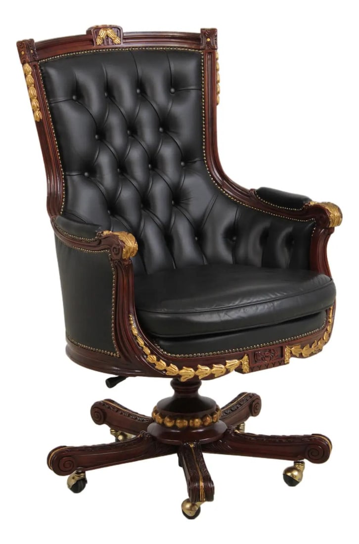 Black tufted leather swivel armchair with gilt accents 27.5w x 27d x 48h (1 of 10)