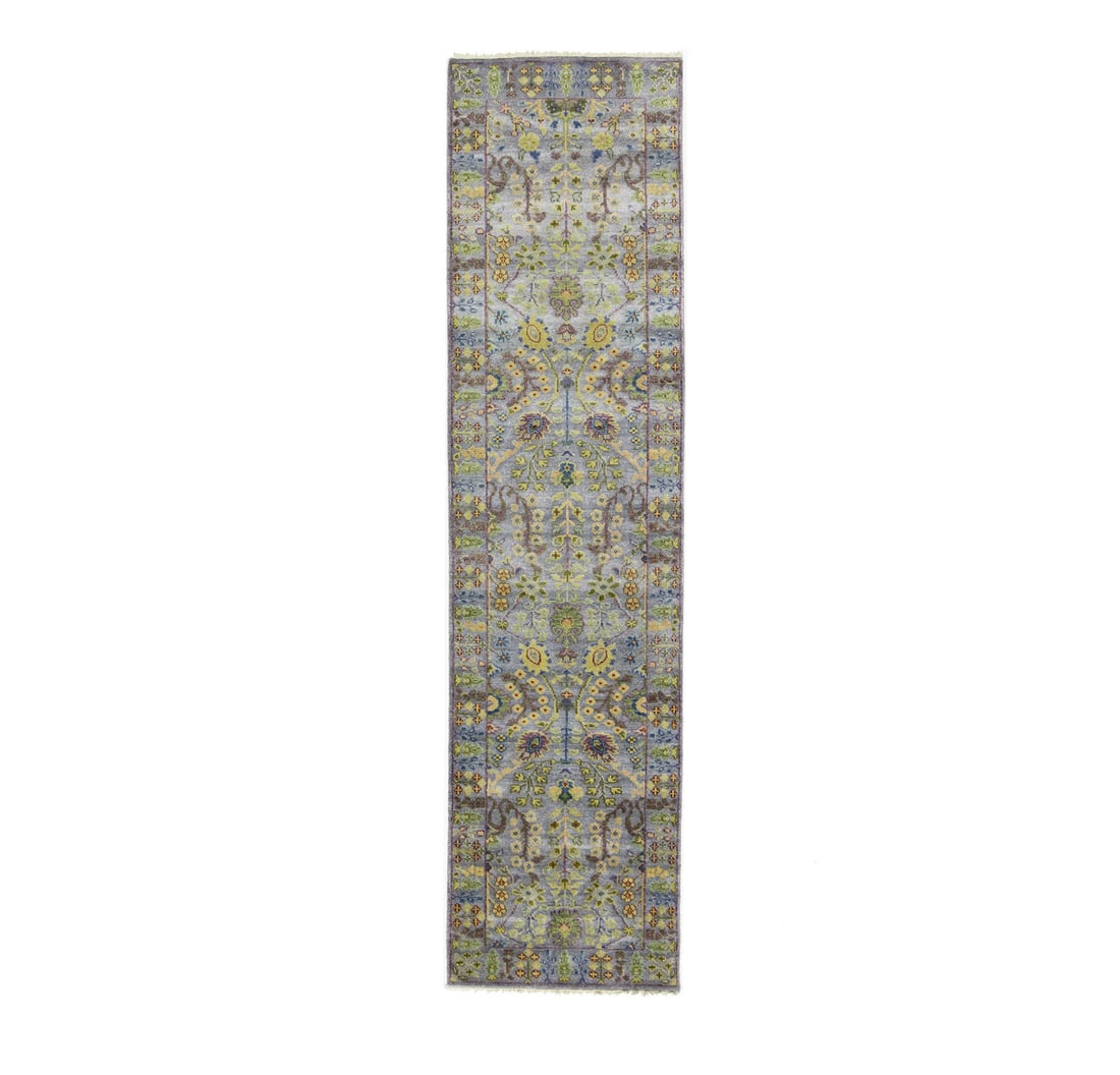 Hand-Knotted Wool Oushak Runner 2'6 x 9'10 Floral Tree of Life: Hand-Knotted Wool Oushak Runner 2'6 x 9'10 Floral Tree of Life This hand-knotted Oushak Chobi runner features a Tree of Life floral design in muted tones of silver, gray, green, blue, beige, and viole