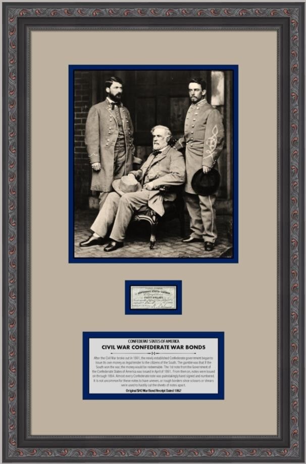 Framed 1862 Confederate War Bond Receipt $40 Civil War (1 of 5)