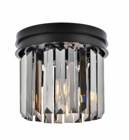 Sydney 12 in Crystal Flush Mount Ceiling Light Matte Black: Sydney 12 in Crystal Flush Mount Ceiling Light Matte Black This 3-light crystal flush mount chandelier features a matte black finish with crystal and iron/steel construction. It is hardwired, designed