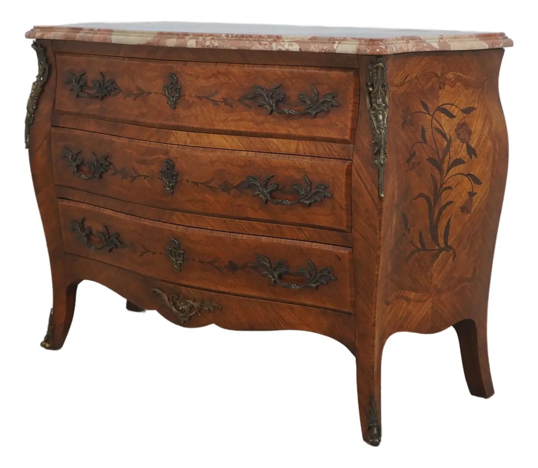 Walnut Bombe Commode With Marble Top Louis XV Style French Chest (1 of 10)