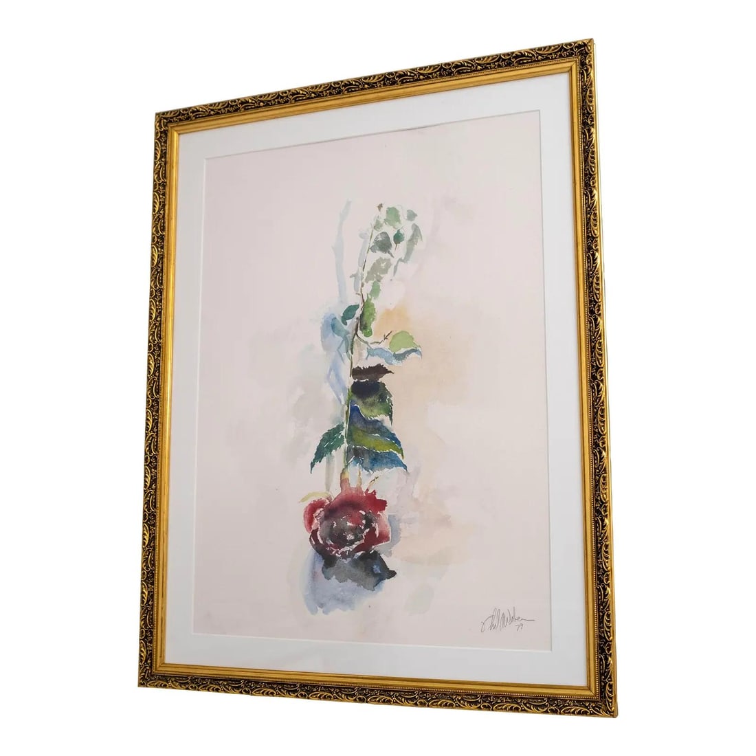 Signed 1979 Red Rose Watercolor in Ornate Gold Frame: Signed 1979 Red Rose Watercolor in Ornate Gold Frame This captivating abstract watercolor painting features a striking single long-stemmed red rose, showcasing bold colors and expert brush strokes. Pr