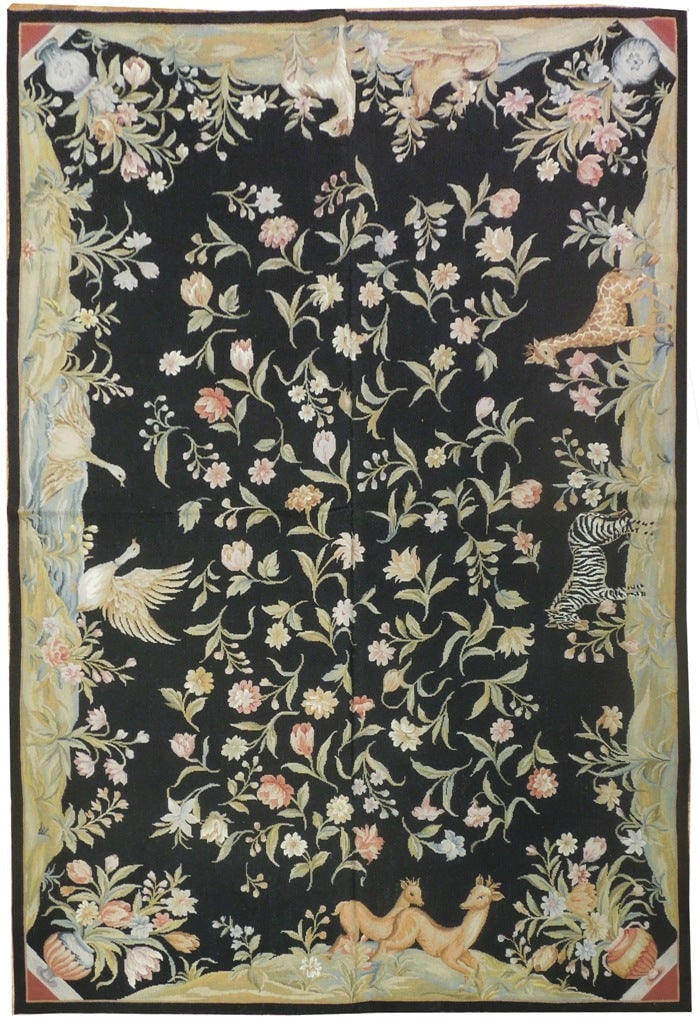 6x9 Hand-Knotted Black Needlepoint Area Rug from China: 6x9 Hand-Knotted Black Needlepoint Area Rug from China Free continental US Shipping Introducing the 6' x 9' Black Needlepoint Flat Weave Rug, a beautiful blend of traditional craftsmanship and modern 