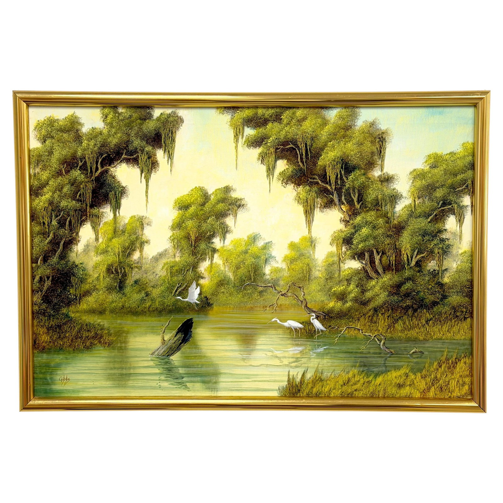 Signed Florida Highwaymen wetland scene by Joseph Gibbs with white herons: Signed Florida Highwaymen wetland scene by Joseph Gibbs with white herons This oil on canvas painting by Joseph Gibbs, created in the 1960s, captures a luminous Florida wetland landscape in the tradit