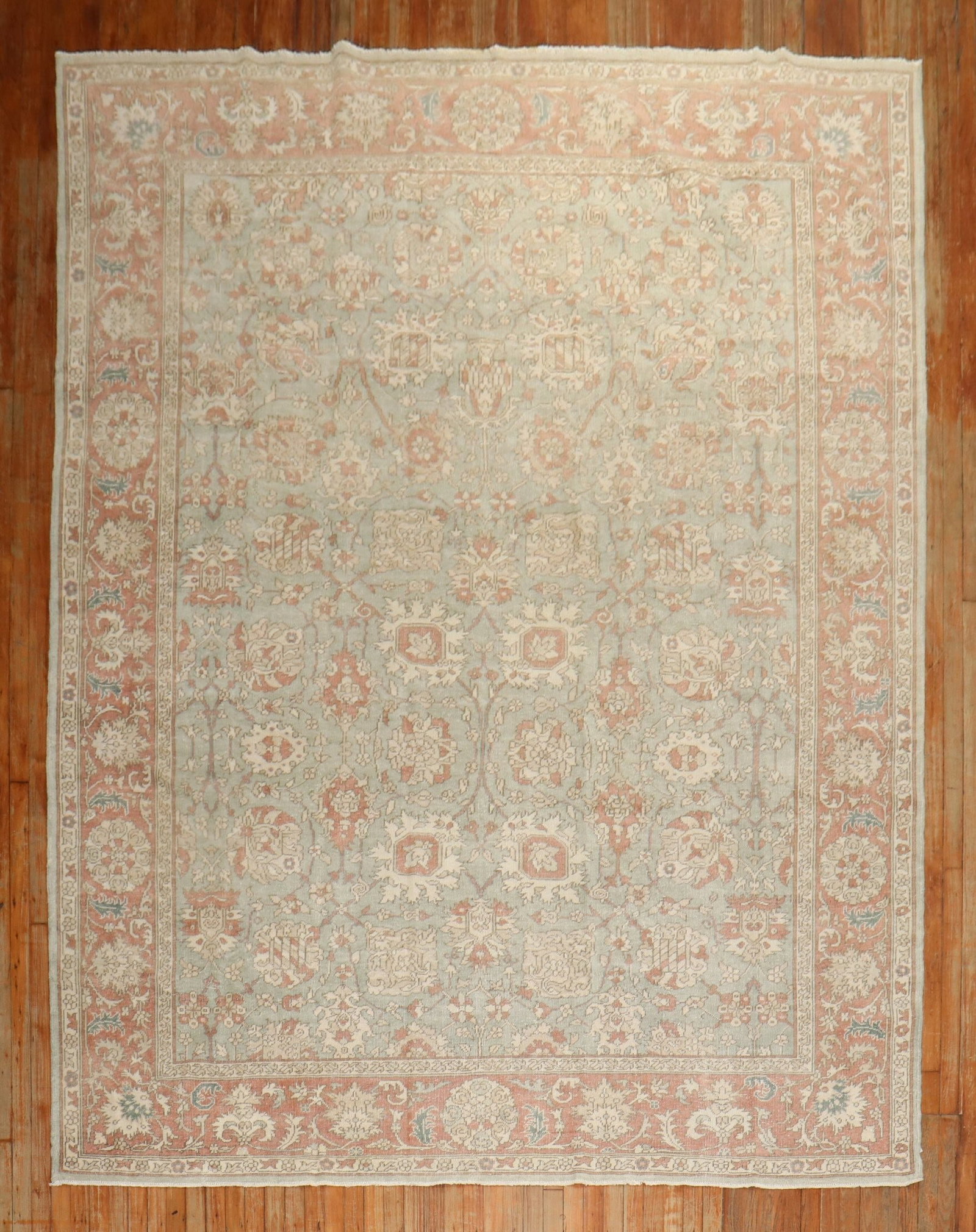8' 5" x 11' 6" Mid Century Sparta Turkish Room Rug: 8' 5" x 11' 6" Mid Century Sparta Turkish Room Rug Mid 20th century Turkish room size rug in green and rust. This pre-owned Sparta rug features a classic patterned design and is suited for a larger ro