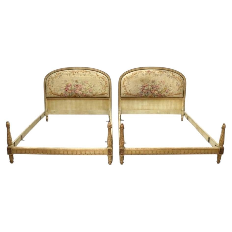 Set of 2 French Louis XV Style Twin Bed Frames Carved Wood c1910: Set of 2 French Louis XV Style Twin Bed Frames Carved Wood c1910 Pair of antique French Louis XV style twin bed frames dating to circa 1910. Crafted from carved wood with a distressed finish, each bed