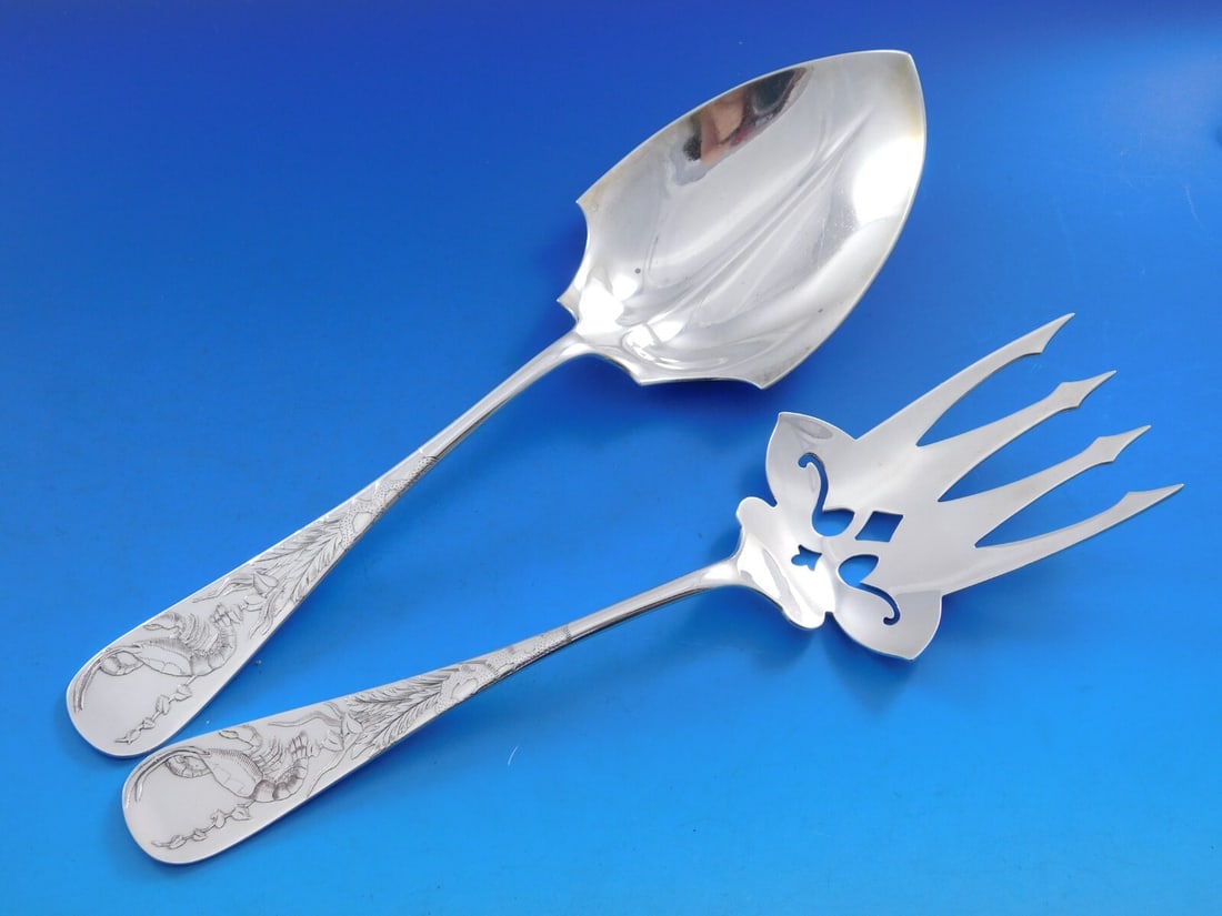 Whiting Antique Acid Etched Sterling Silver Salad Serving Set 2pc Lobster Design (1 of 6)