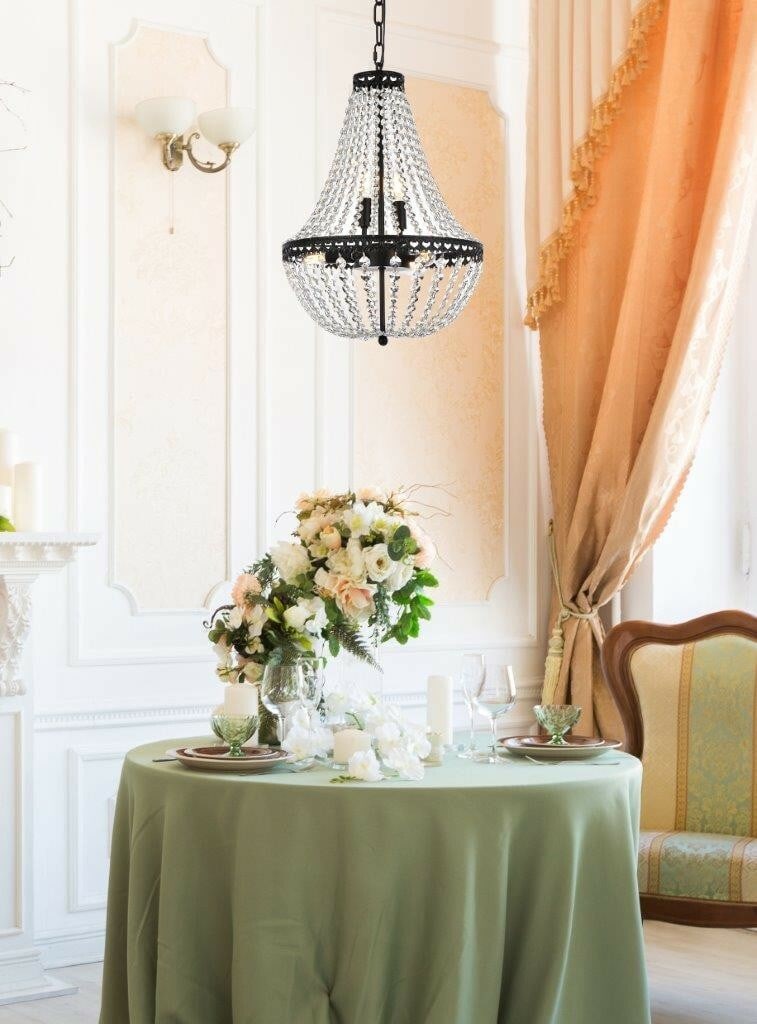 Valeria 5 Light Black Crystal Empire Chandelier 14 inch: Valeria 5 Light Black Crystal Empire Chandelier 14 inch This elegant black crystal chandelier features a modern empire style with a black frame and royal cut clear crystals. Designed for dining rooms,