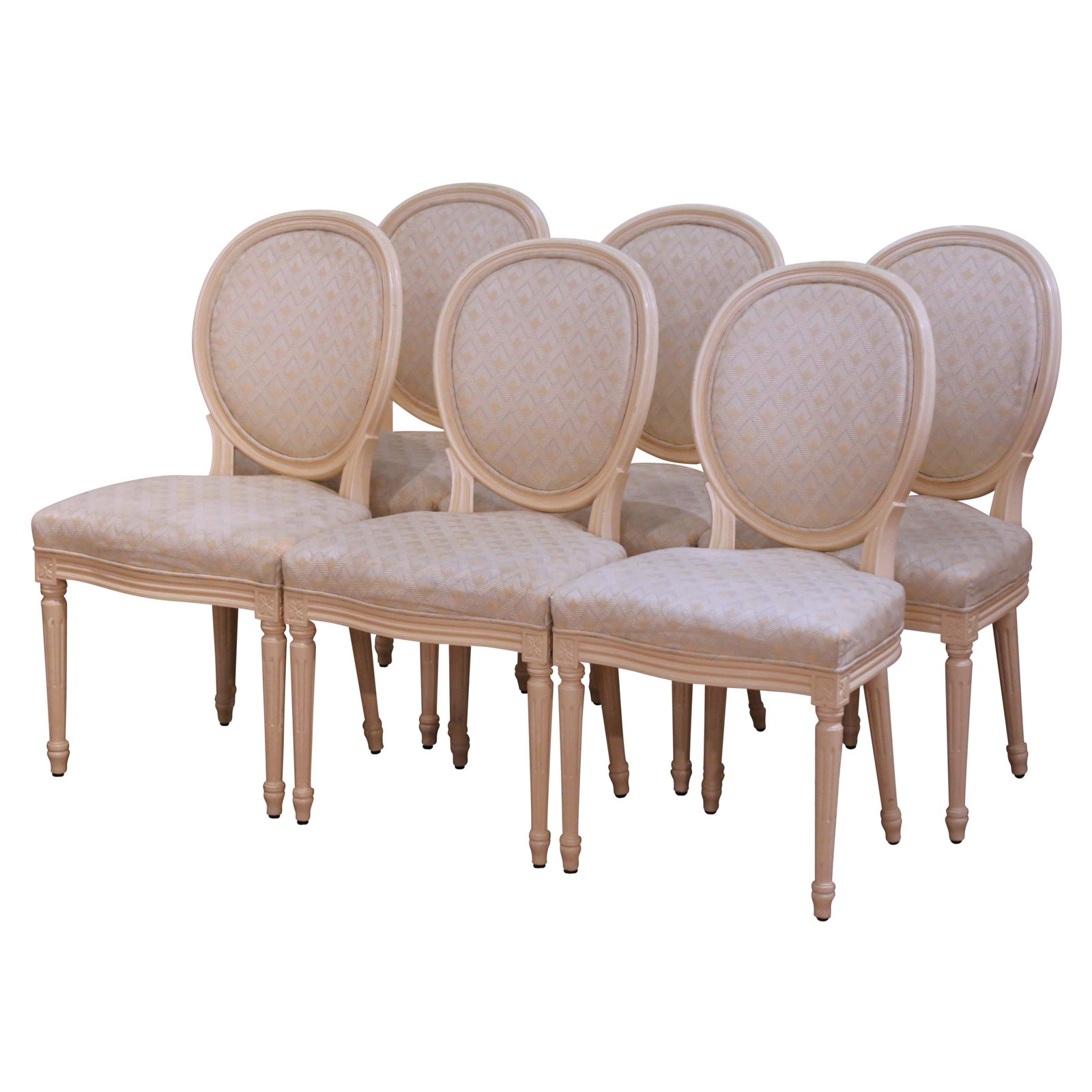 Set of Six French Louis XVI Style Painted Beech Dining Chairs Circa 1970: Set of Six French Louis XVI Style Painted Beech Dining Chairs Circa 1970 This set of six mid-century French Louis XVI style dining side chairs, crafted circa 1970, features classic oval medallion back