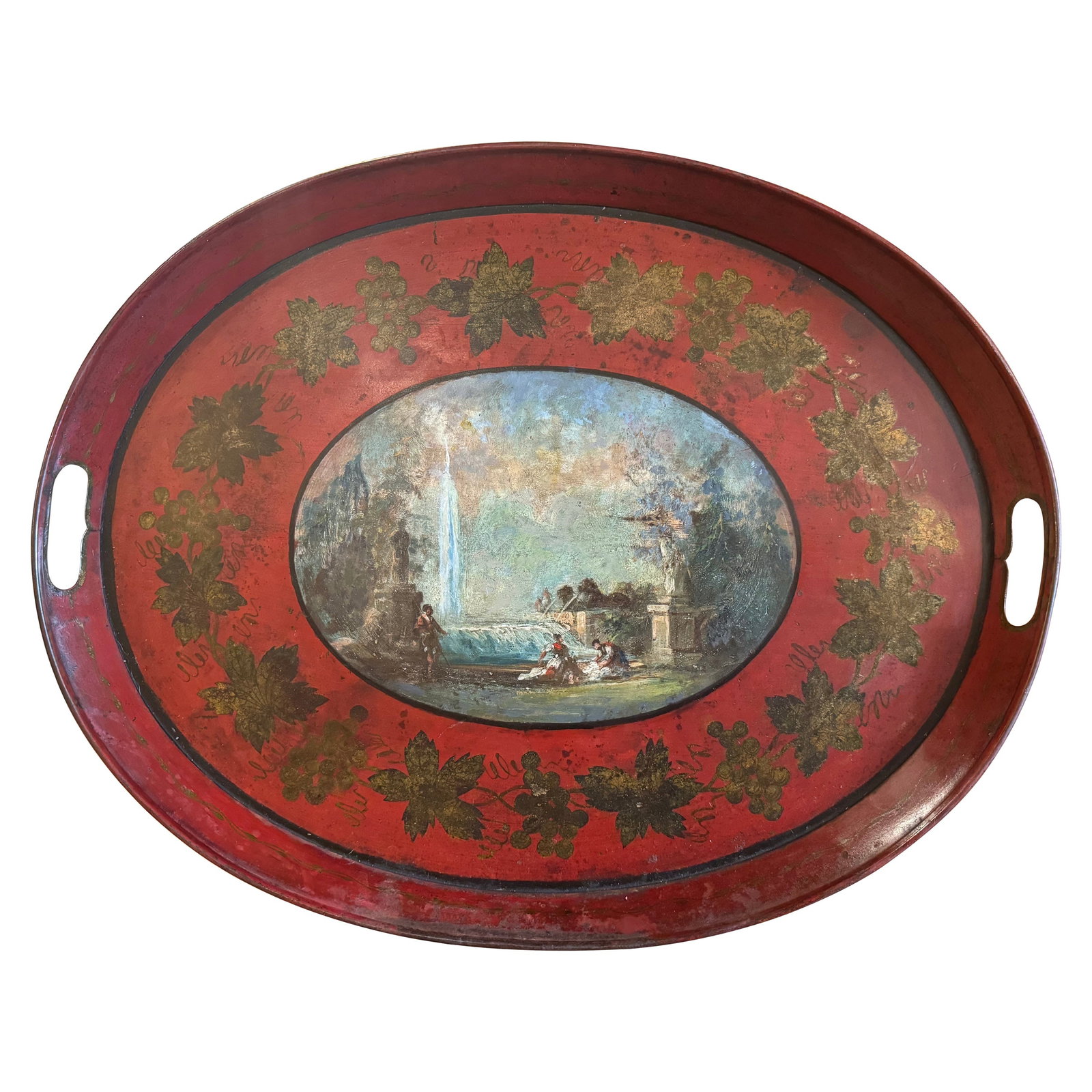 French Neoclassical Oval Tole Tray Hand Painted Romantic Landscape (1 of 7)