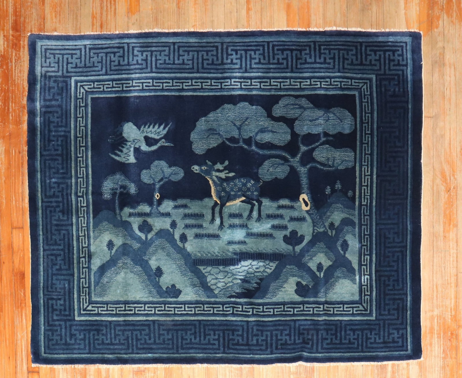 4' 10" x 6' 2" Blue Chinese Peking Pictorial Rug with Deer (1 of 7)