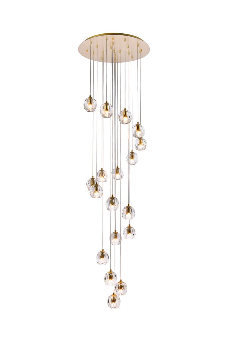 Eren 18-Light Crystal Glass Pendant Chandelier Gold Finish: Eren 18-Light Crystal Glass Pendant Chandelier Gold Finish This modern pendant chandelier from the Eren Collection features 18 lights and a stylish combination of gold, iron, stainless steel, and crys