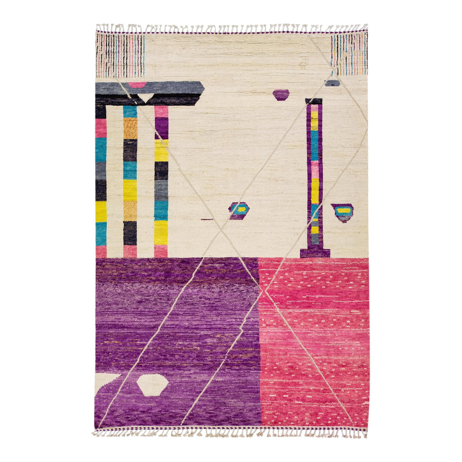 Ivory Handmade Moroccan Berber Wool Rug 10' x 14'3: Ivory Handmade Moroccan Berber Wool Rug 10' x 14'3 This exquisite Moroccan Berber style hand-knotted wool rug features a stunning ivory background adorned with multicolor accents in a captivating all-