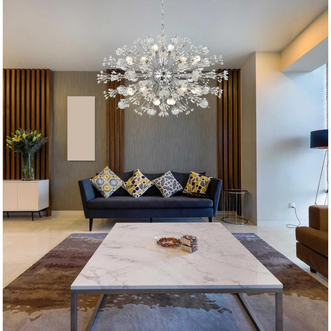 Lighting Vera 24 Light Chrome Crystal Glass Chandelier 36in: Lighting Vera 24 Light Chrome Crystal Glass Chandelier 36in Modern 24-light chandelier with a chrome plated finish, clear crystal and glass construction, and a silver color frame. It is hardwired for 
