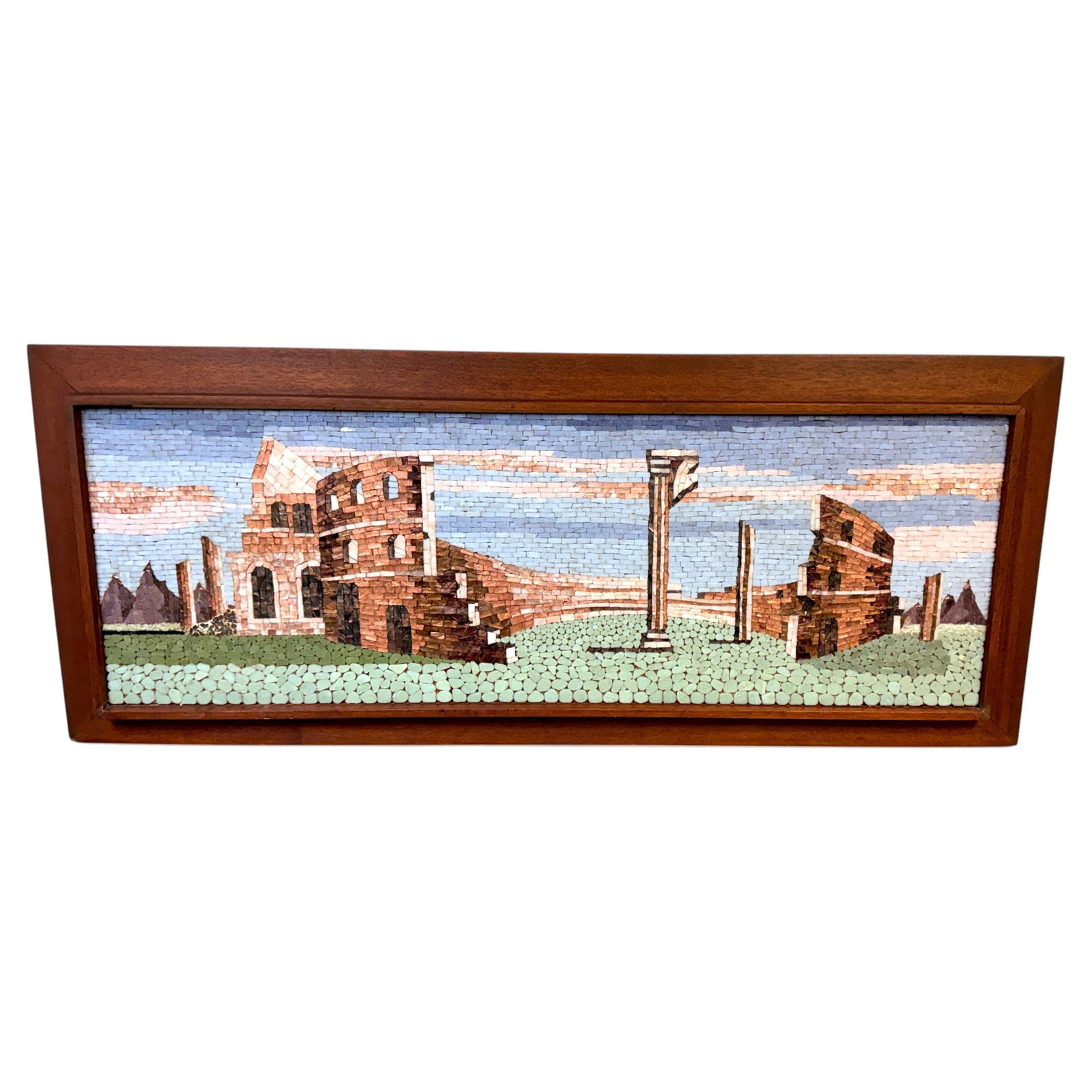 Italian Murano glass mosaic panel of Roman ruins in walnut frame 54 in (1 of 18)